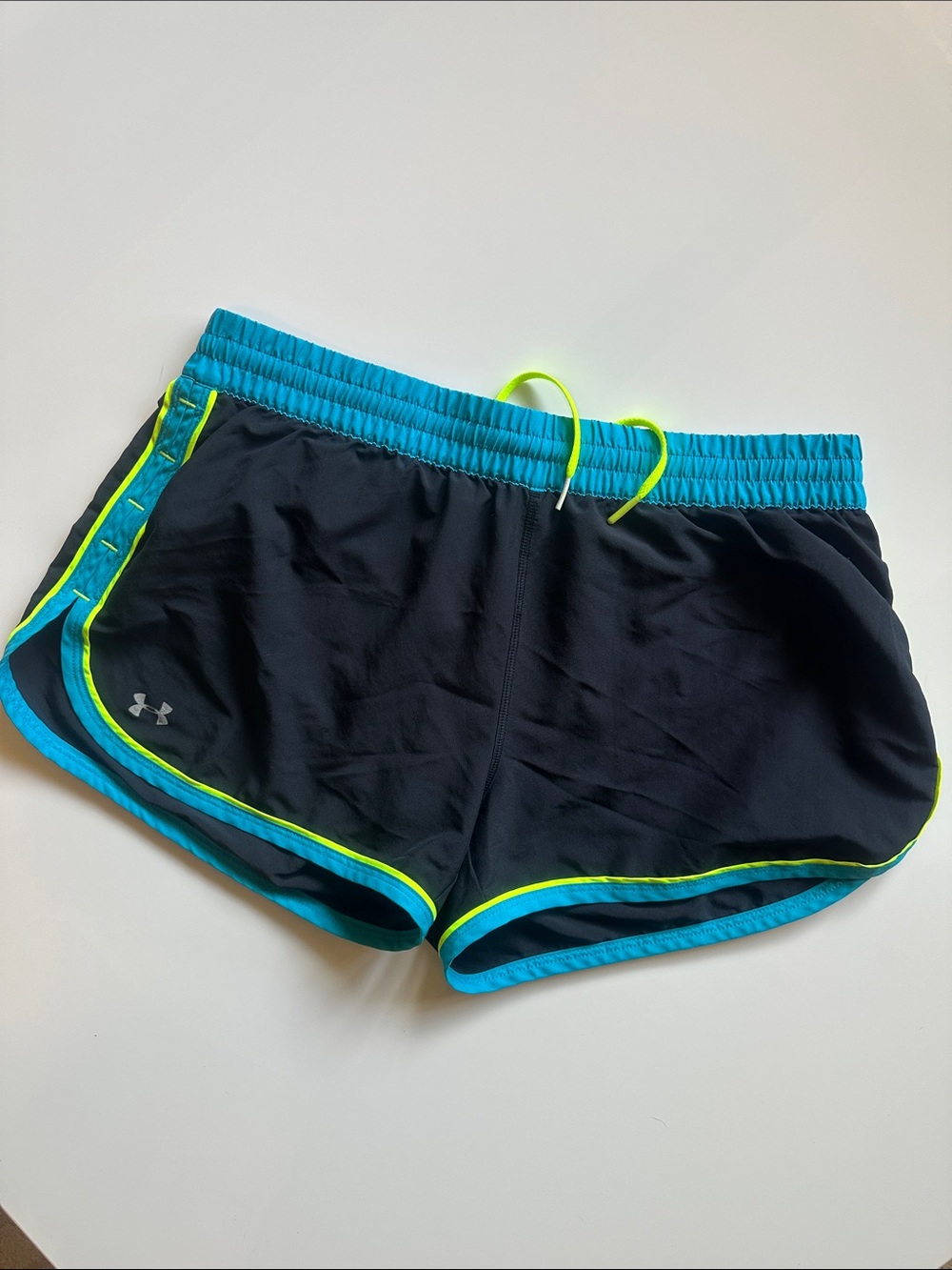 Under Armour Women’s Black Shorts with Turquoise and Neon Yellow Trim